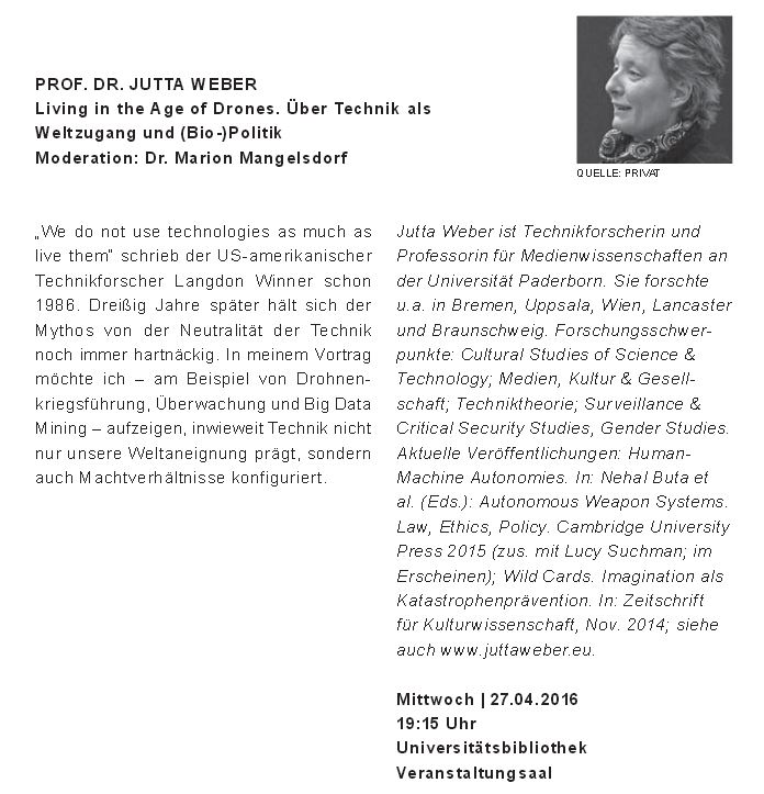 !Vortrag ENTFÄLLT leider wg. Krankheit! Prof. Dr. Jutta Weber: Living in the Age of Drones. Über Technik als Weltzugang und (Bio-)Politik