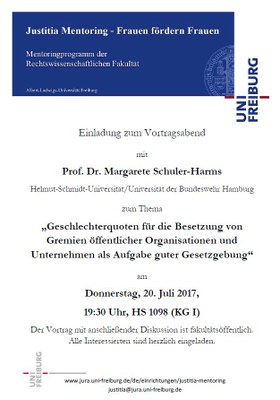 Justitia Mentoring lädt ein: Vortrag und Diskussion mit Prof. Dr. Margarete Schuler-Harms Justitia Mentoring lädt ein: Vortrag und Diskussion mit Prof. Dr. Margarete Schuler-Harms
