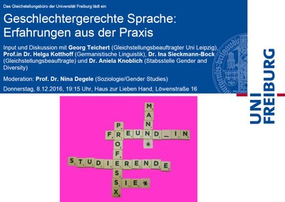 Geschlechtergerechte Sprache: Erfahrungen aus der Praxis, Donnerstag, 8.12., 19:15 Uhr Geschlechtergerechte Sprache: Erfahrungen aus der Praxis, Donnerstag, 8.12., 19:15 Uhr